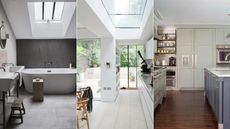 Three images of contemporary homes, including a bathroom and two kitchens