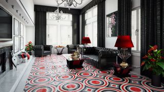 A room featuring a bold, bright rug