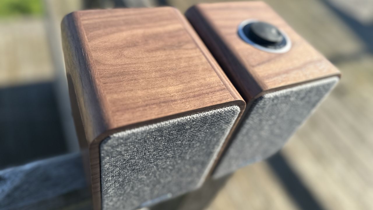 Ruark MR1 MkII speakers viewed from above, showing the wood frame