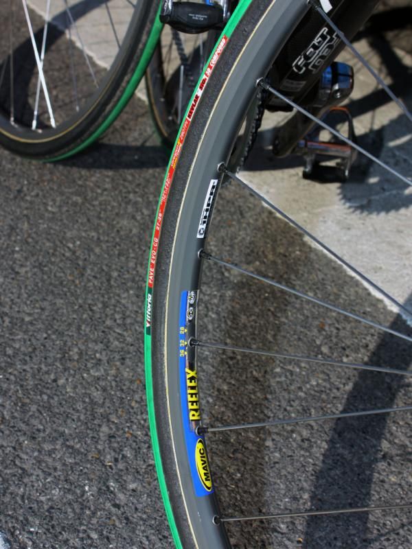 27mm-wide Vittoria Pave Evo-CG tubulars are wrapped around Mavic Reflex rims on Tyler Farrar's (Garmin-Transitions) Felt F1.