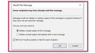 A dialog box with options for how to recall an email in Outlook