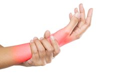 A woman suffers pain in her wrist and forearm.