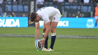 England's fly-half George Ford gets ready to kick a penalty ahead of the England vs Wales in round two of the 2024 Six Nations rugby tournament.