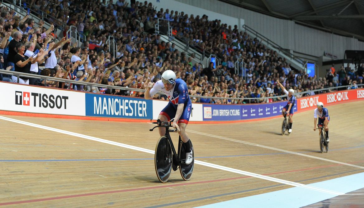 Edward Clancy of Great Britain celebrates after they win the Men's Team Pursuit