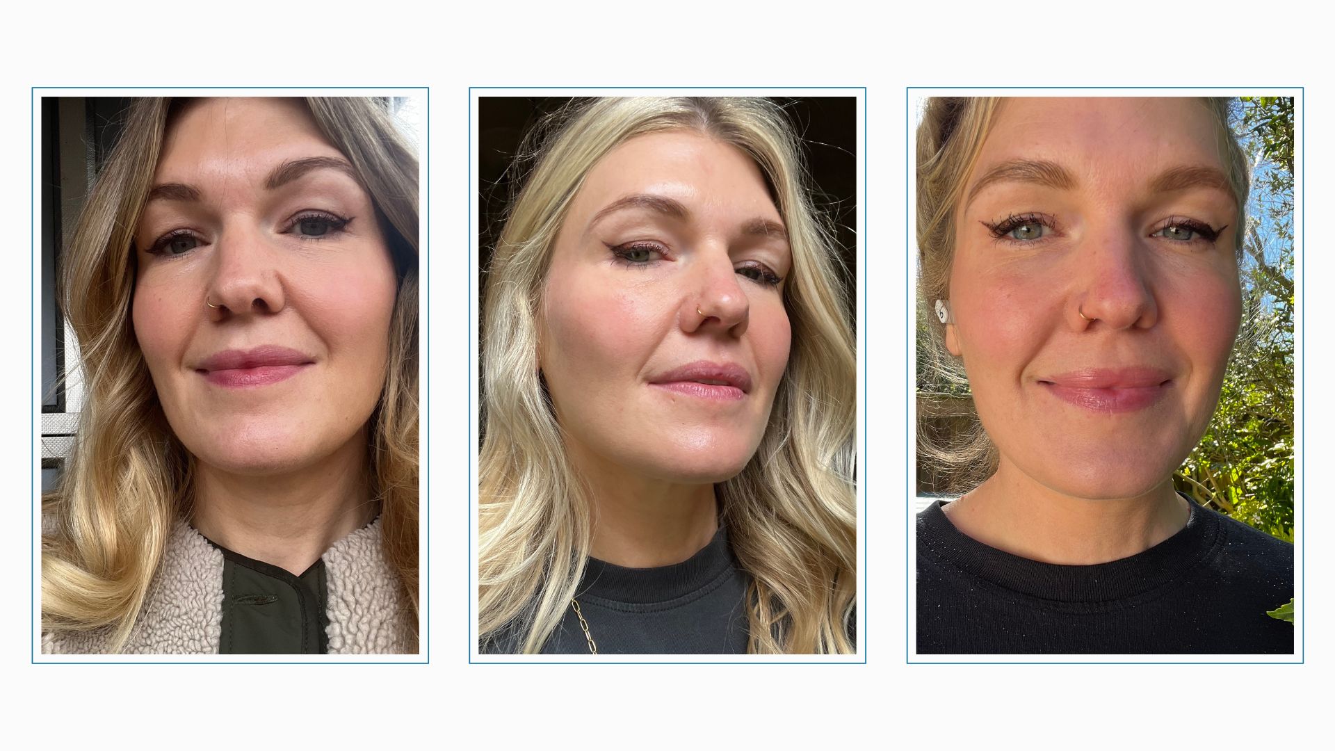 Beauty editor Fiona McKim pictured wearing stila stay all day eyeliner in three different scenarios