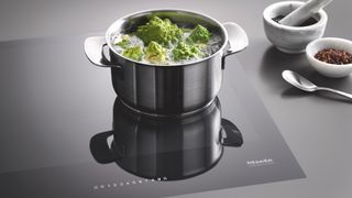 induction hob with steel pan and green veg inside
