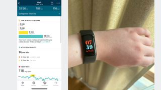 Ciara McGinley wearing Fitbit Charge 6 next to automatic activity tracking page screenshot on Fitbit