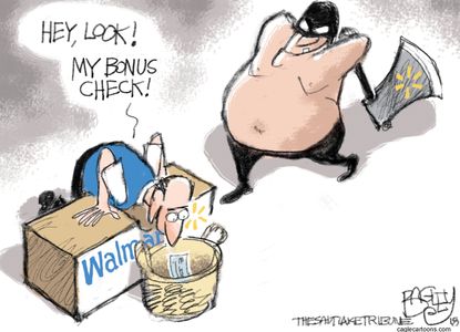 Political cartoon U.S. Walmart wage increase layoffs economy jobs