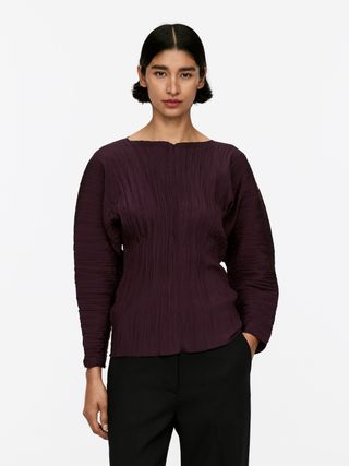 Volume-Sleeve Plissé Top - Burgundy - Arket Gb