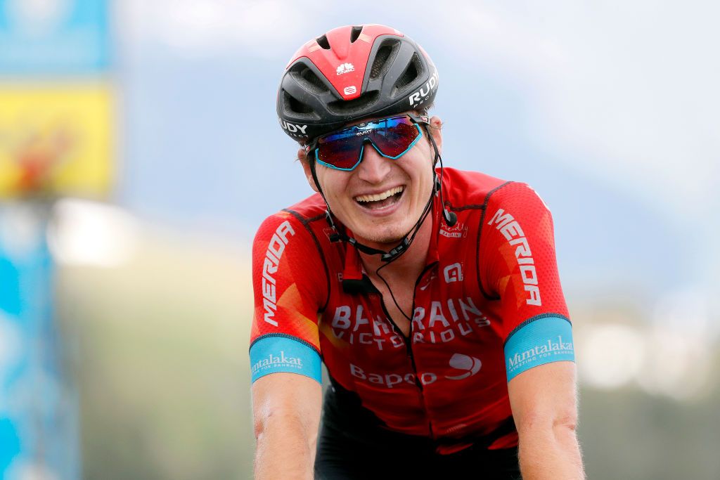 LA PLAGNE FRANCE JUNE 05 Mark Padun of Ukraine and Team Bahrain Victorious stage winner celebrates at arrival during the 73rd Critrium du Dauphin 2021 Stage 7 a 1715km stage from SaintMartinLeVinoux to La Plagne 2072m UCIworldtour Dauphin dauphine on June 05 2021 in La Plagne France Photo by Bas CzerwinskiGetty Images