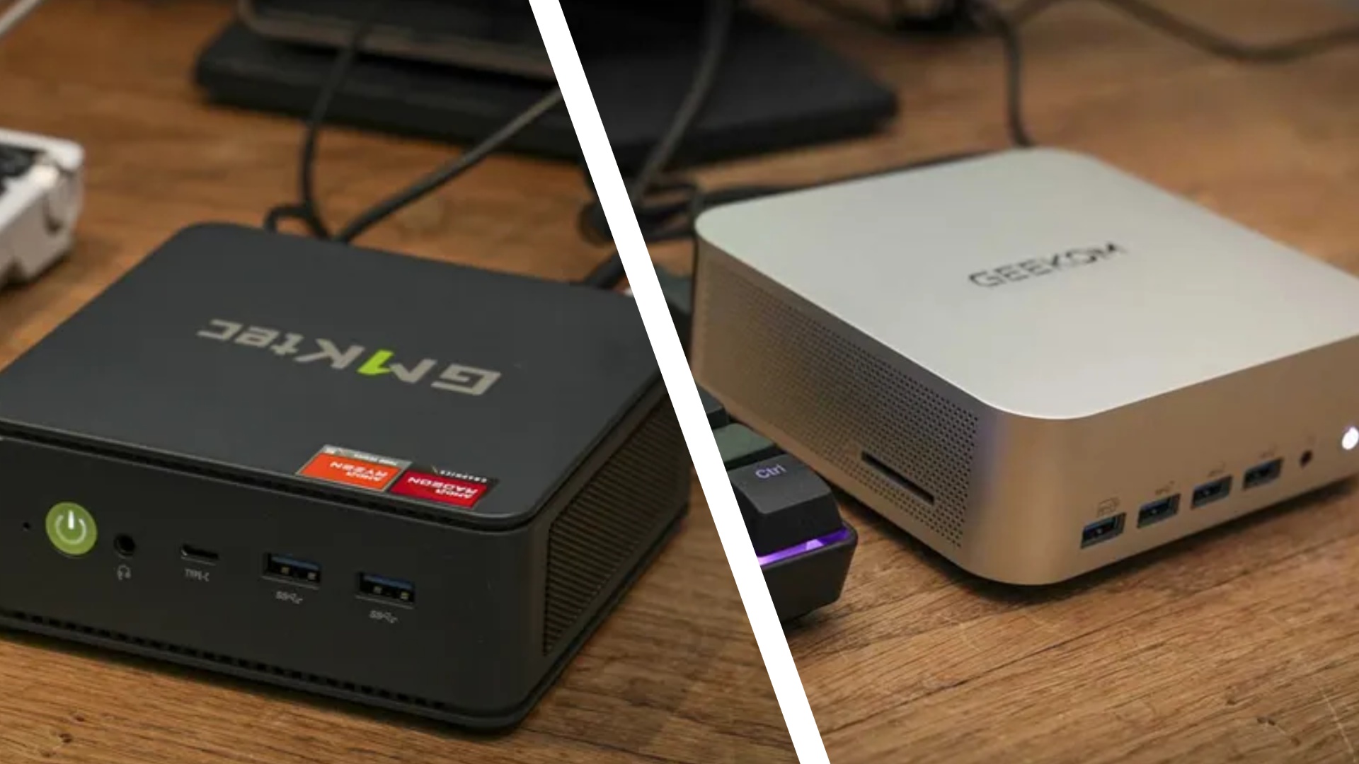 The GMKtec M6 Ultra and Geekom A8 Max on a desk during our review