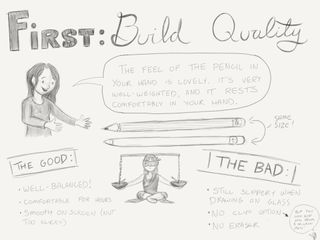 First: Build Quality. The Good: Well-balanced, comfortable to draw with for hours, smooth on the screen, not too click. The Bad: Still slippery on glass, no clip option -- though you can steal a clip off a Micron pen, and no digital eraser.