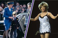Princess Diana and a young Prince William on his first ever royal engagement and split layout with Tina Turner singing on stage wearing silver sparkly dress