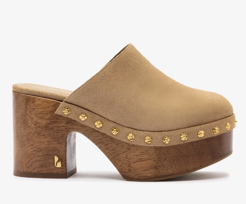 Larroudé, Miso Wooden Platform Clog in Peanut Suede