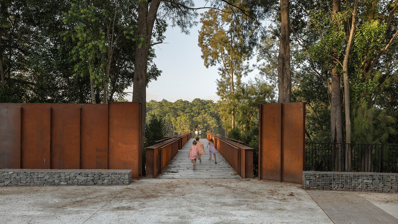 The Southern Lookout, views of forested nature from a corten steel coloured lookout platform jutting out into the wilderness of Australia