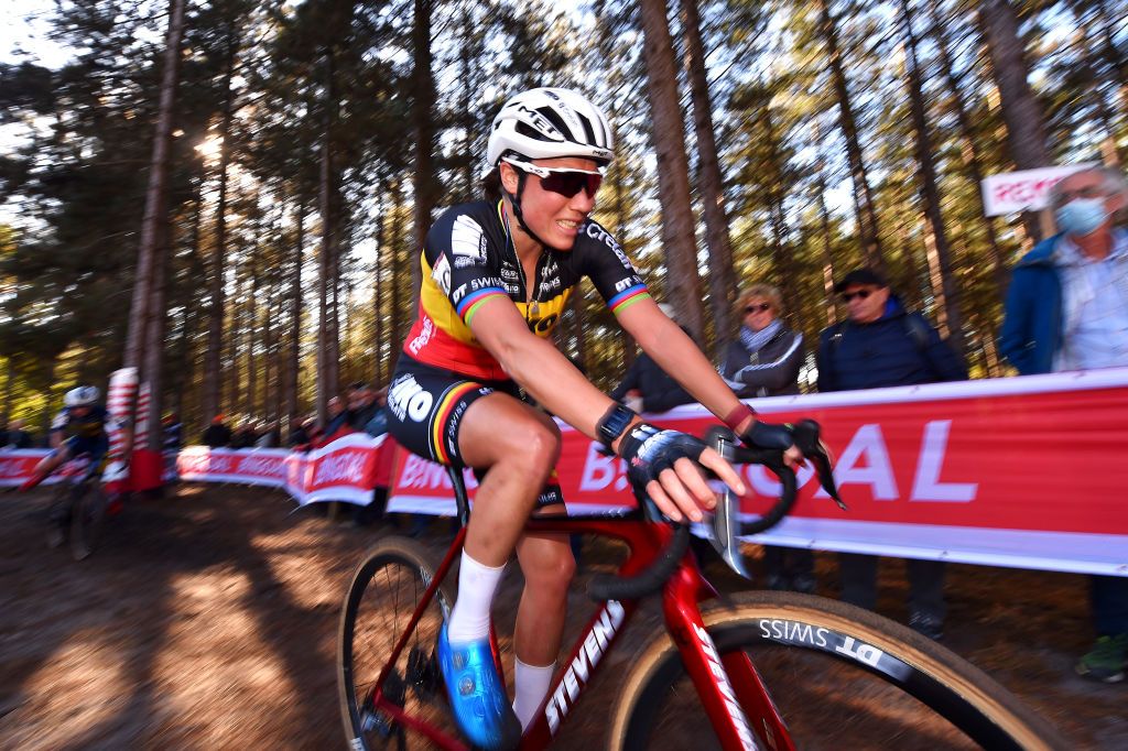 ZONHOVEN BELGIUM OCTOBER 24 Sanne Cant of Belgium and Team Iko Crelan competes during the 25th Zonhoven UCI CycloCross Worldcup 2021 Womens Elite CXWorldCup UCIcyclocrossWC zonhoven on October 24 2021 in Zonhoven Belgium Photo by Luc ClaessenGetty Images