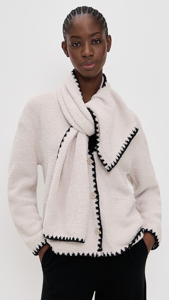 Barefoot Dreams Cozy Chic Blanket Stitch Detachable Scarf Cardigan