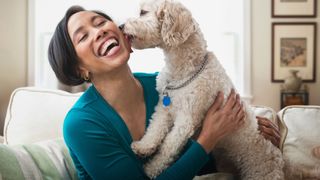 Woman getting kissed by a white dog