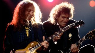 British musician Keith Richards (right) and American musician Waddy Wachtel of the X-pensive Winos perform on stage during their 'Main Offender' tour, early 1993.