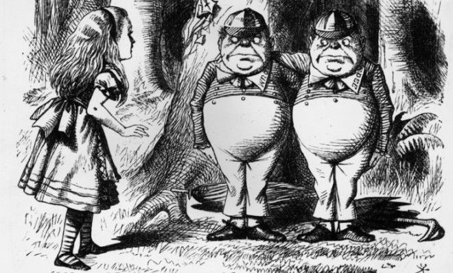 Alice meeting Tweedledum and Tweedledee, in Lewis Carroll&amp;#039;s children&amp;#039;s novel &amp;#039;Alice Through The Looking Glass&amp;#039;.