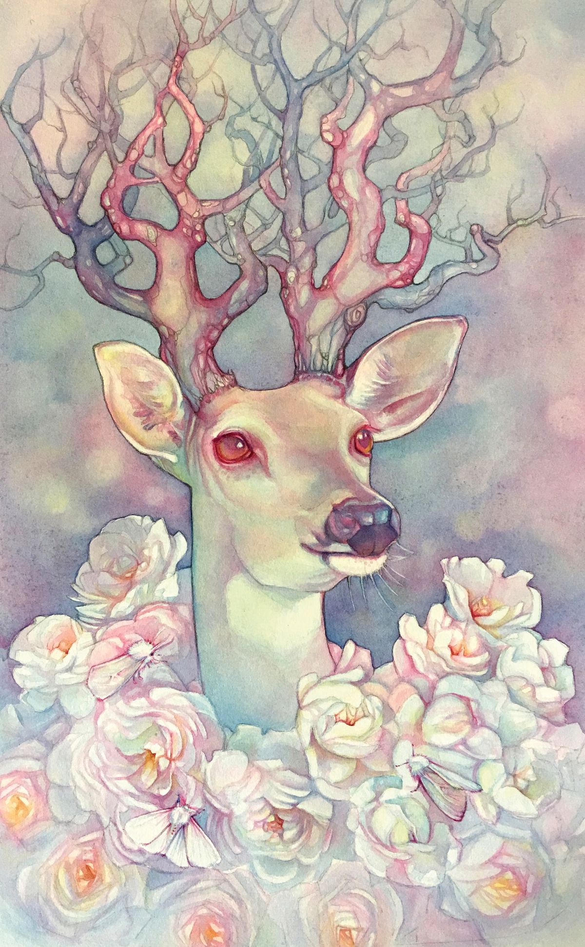 Watercolour watercolour glazing techniqu painting of a deer surrounded by flowers