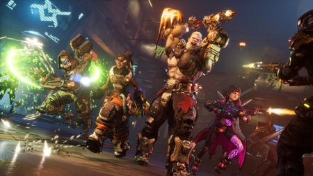 Borderlands 4 screenshot showcasing four different Vault Hunters taking on enemies with various weapons