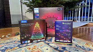 boxes for smart christmas lights from Philips Hue, Nanoleaf, and Govee