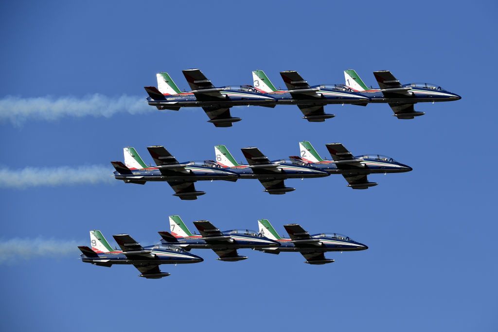 PIANCAVALLO ITALY OCTOBER 18 Start Frecce Tricolori Air Patrol Aerial exhibition Base Aerea Rivolto Plane Team Presentation during the 103rd Giro dItalia 2020 Stage 15 a 185km stage from Base Aerea Rivolto Frecce Tricolori to Piancavallo 1290m girodiitalia Giro on October 18 2020 in Piancavallo Italy Photo by Stuart FranklinGetty Images