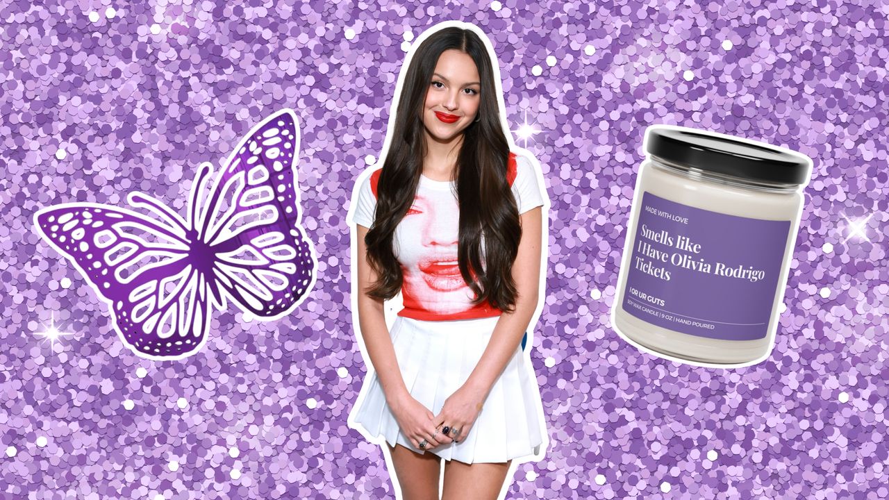 Olivia Rodrigo, purple butterfly, and candle on purple glitter background