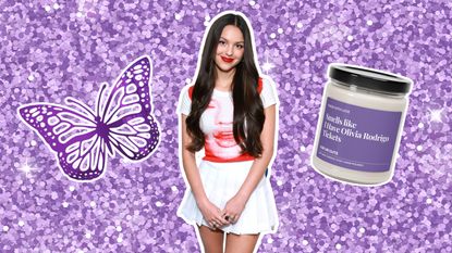 Olivia Rodrigo, purple butterfly, and candle on purple glitter background