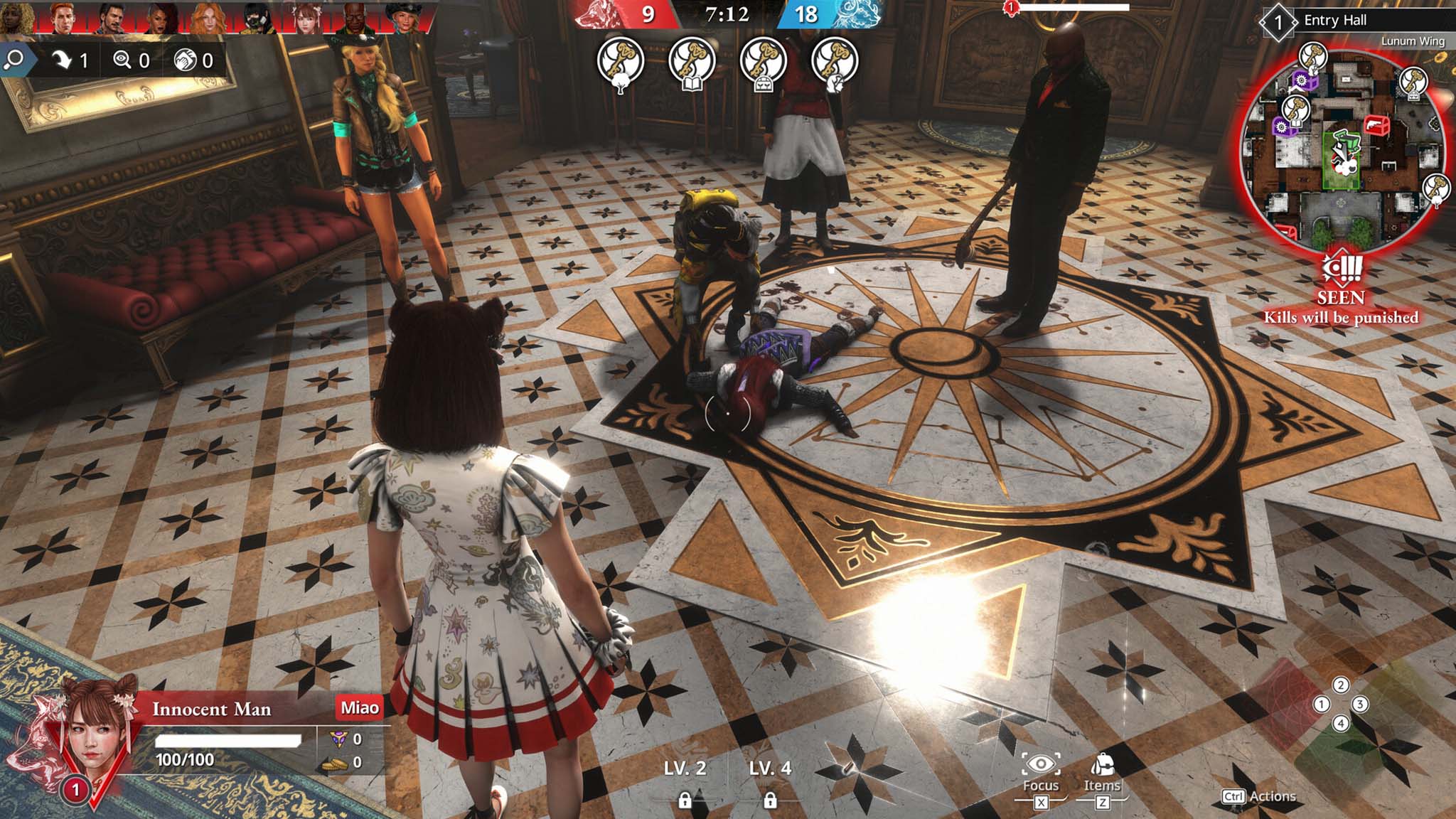 Screenshot from KILLER INN showing a victim being discovered on an intricately tiled floor.