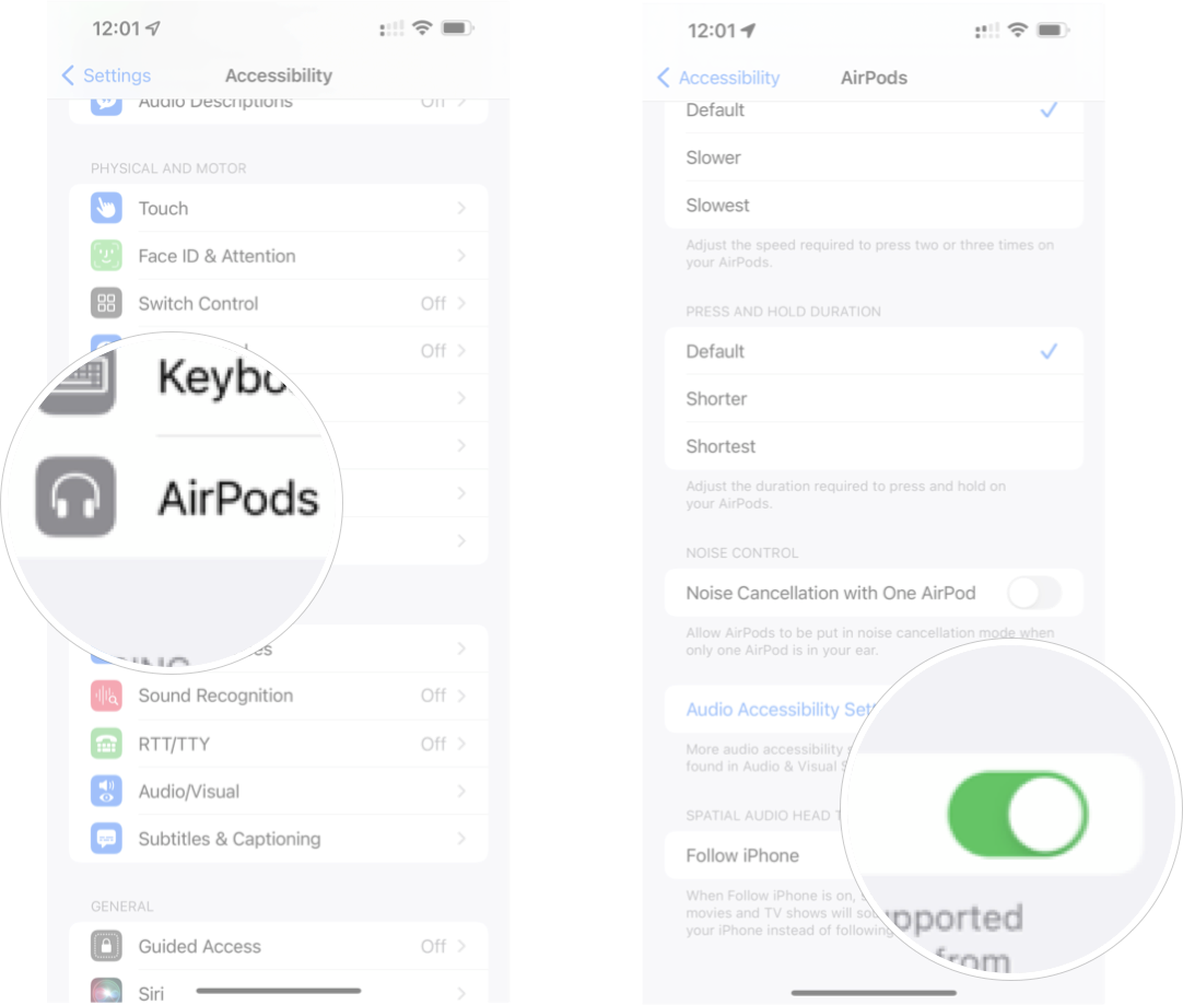 Отключение отслеживания головы в iOS 15. Коснитесь AirPods, а затем коснитесь переключателя «Следить за iPhone» вкл./выкл.