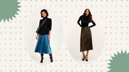 Two models showing what to wear with a pleated skirt. They style them with knitwear and statement shoes