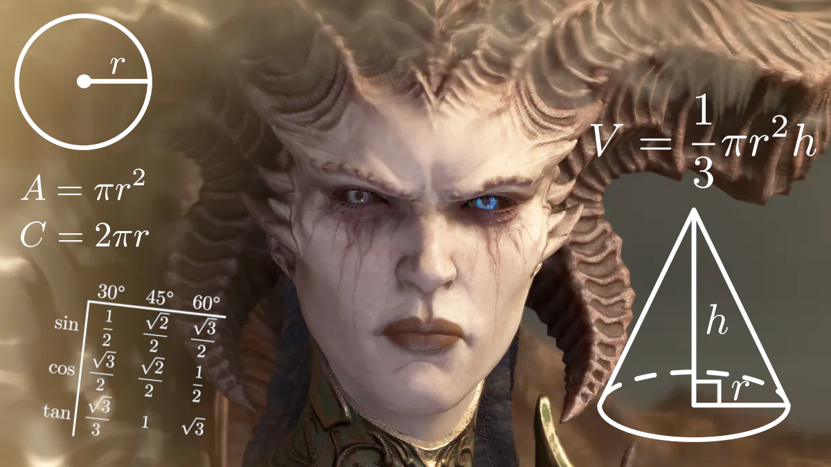 Lilith from Diablo 4, a horned demon queen, looks gently baffled by a swarm of equations surrounding her.