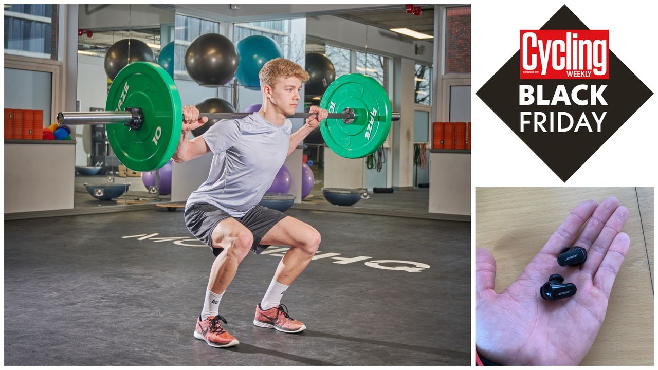 person in gym squatting on the right, with hand holding bose quietcomfort ultra ear buds on right