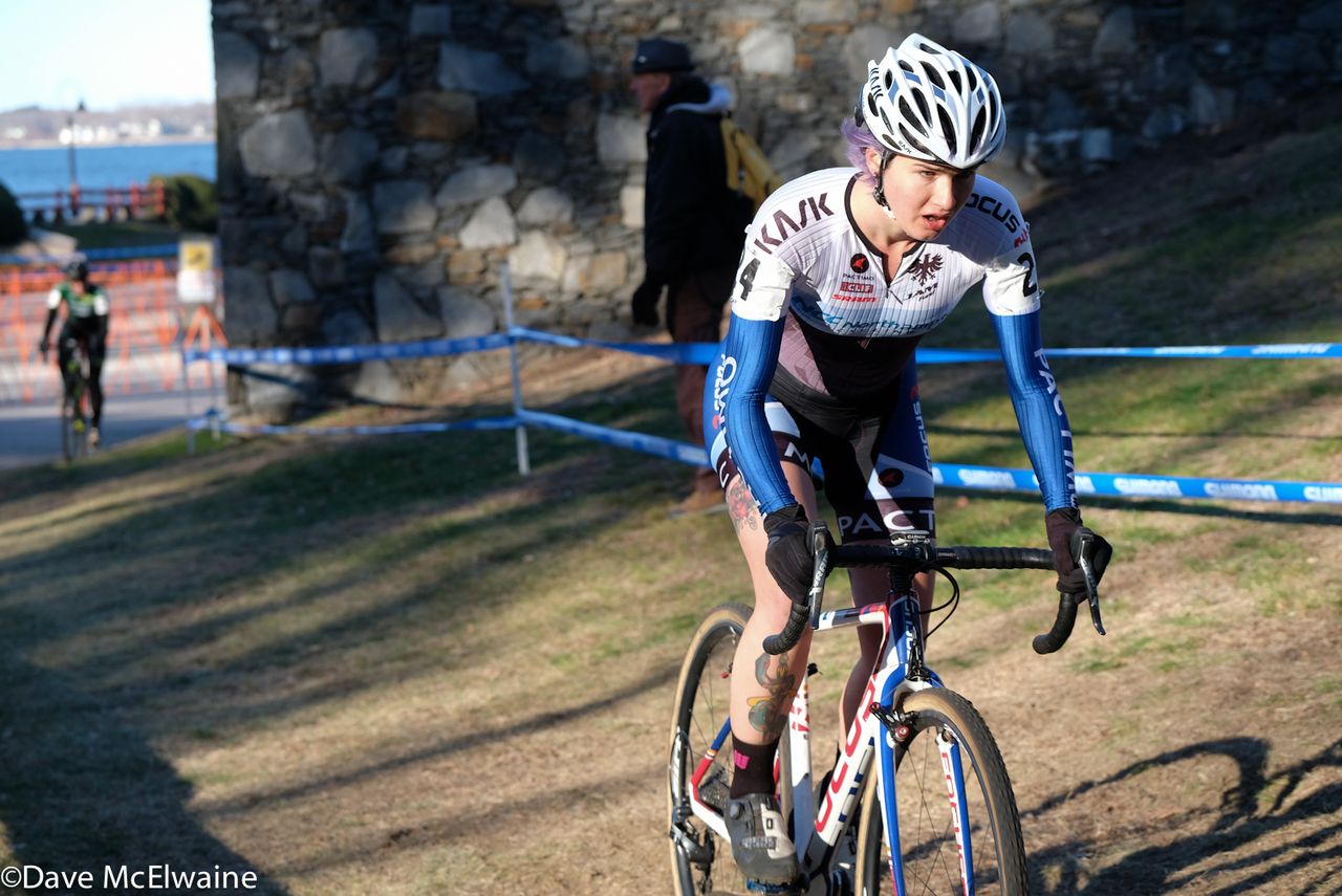 Rhys May (JAM/ NCC) riding an off-camber section of course during her final lap.