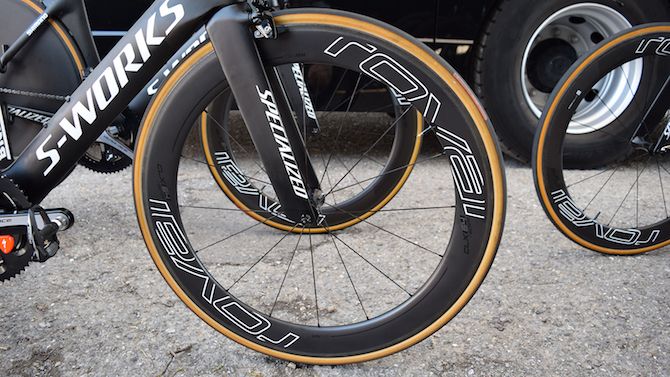 Specialized's wheel brand Roval provides Sagan with a CLX 64 deep-rimmed carbon front wheel