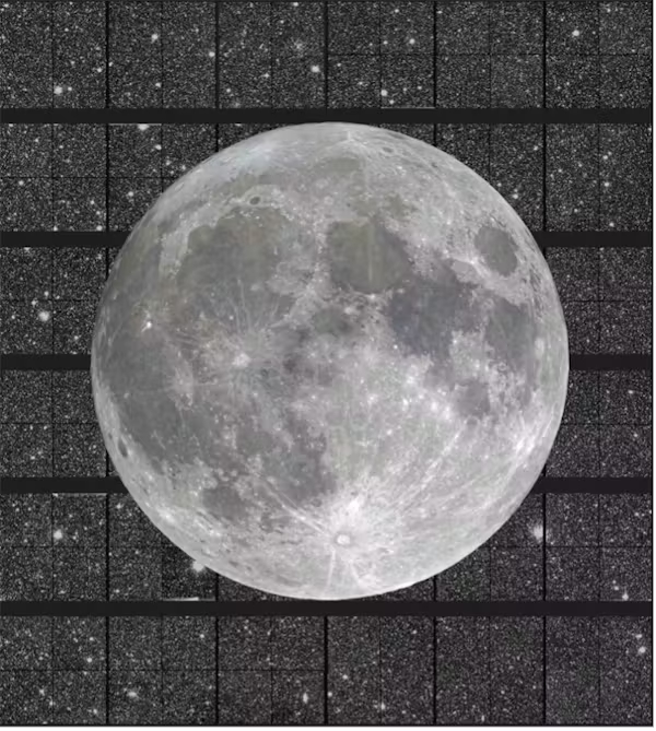 A full moon hangs large in front of a black grid containing grainy images of an array of stars.