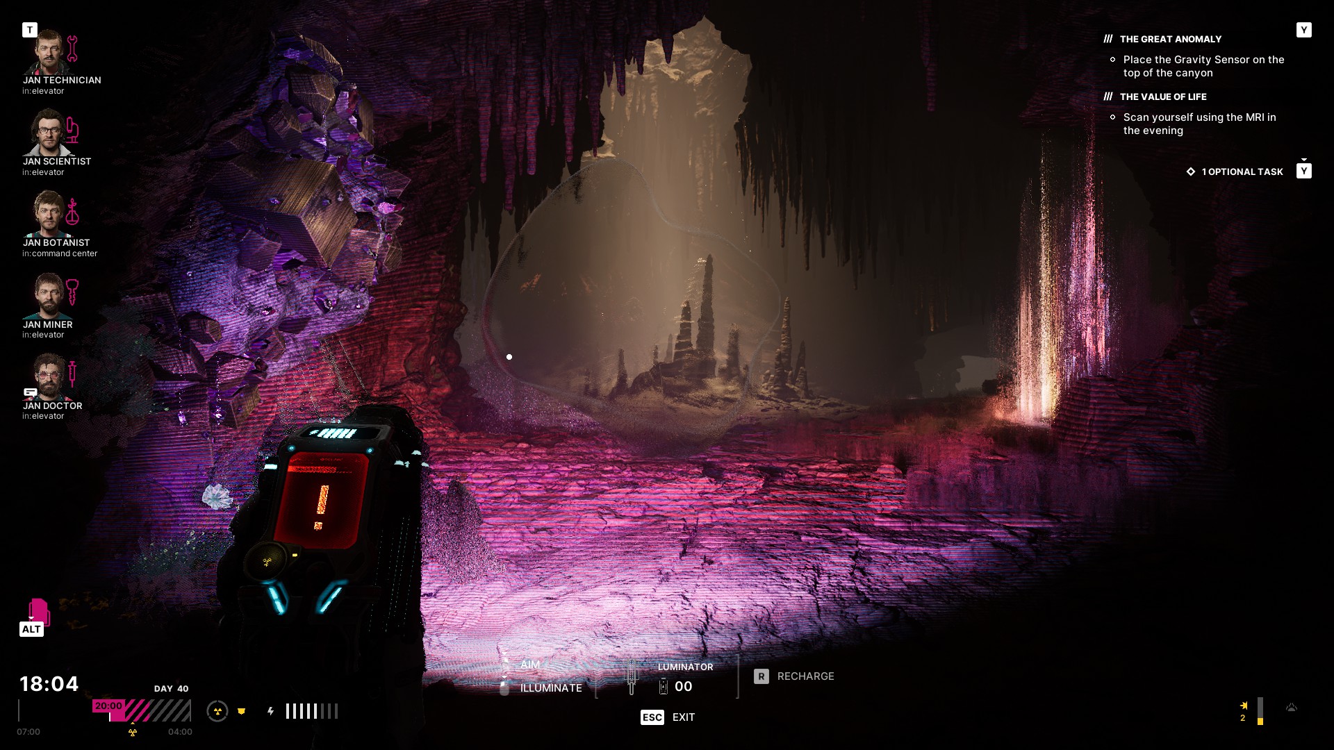 Jan explores a cave illuminated with a purple-pink light in The Alters