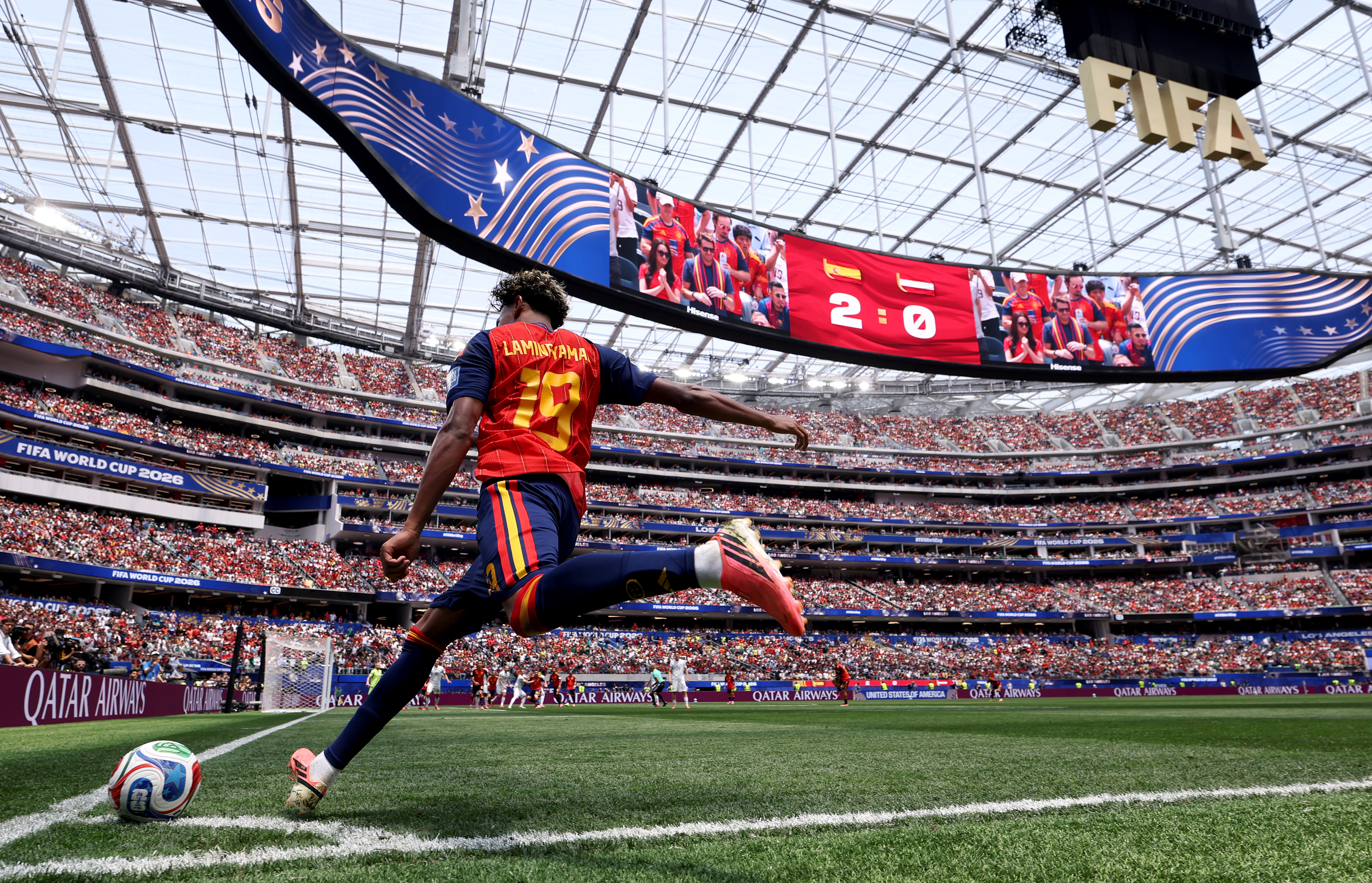 INGLEWOOD, CALIFORNIA - JULY 02: Lamine Yamal #19 of Spain takes a corner kick during the FIFA World Cup 2026 Round of 32 match between Spain and Austria at Los Angeles Stadium on July 02, 2026 in Inglewood, California. (Photo by Alex Pantling - FIFA/FIFA via Getty Images)