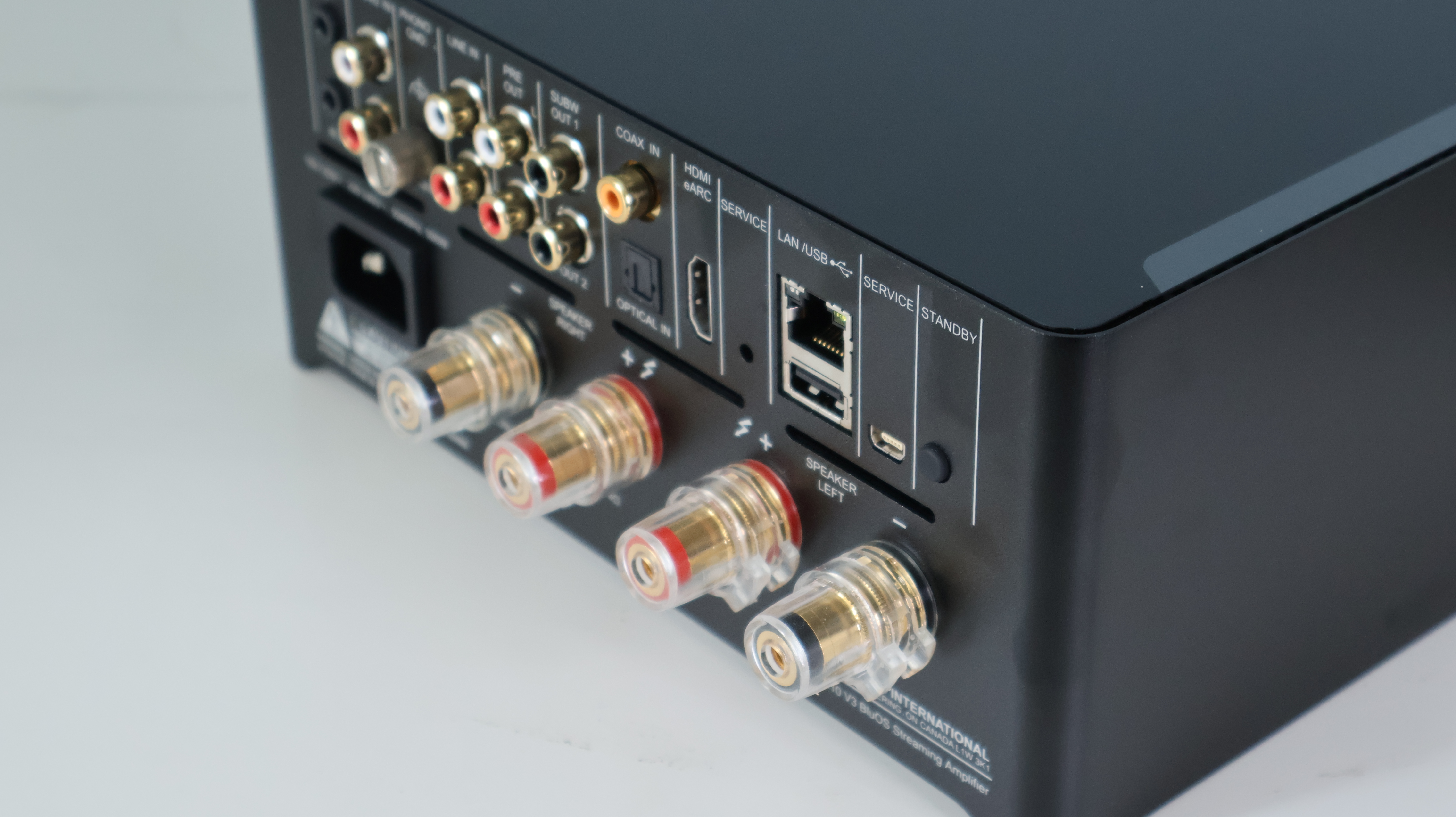 NAD M10 V3 rear side on a white surface