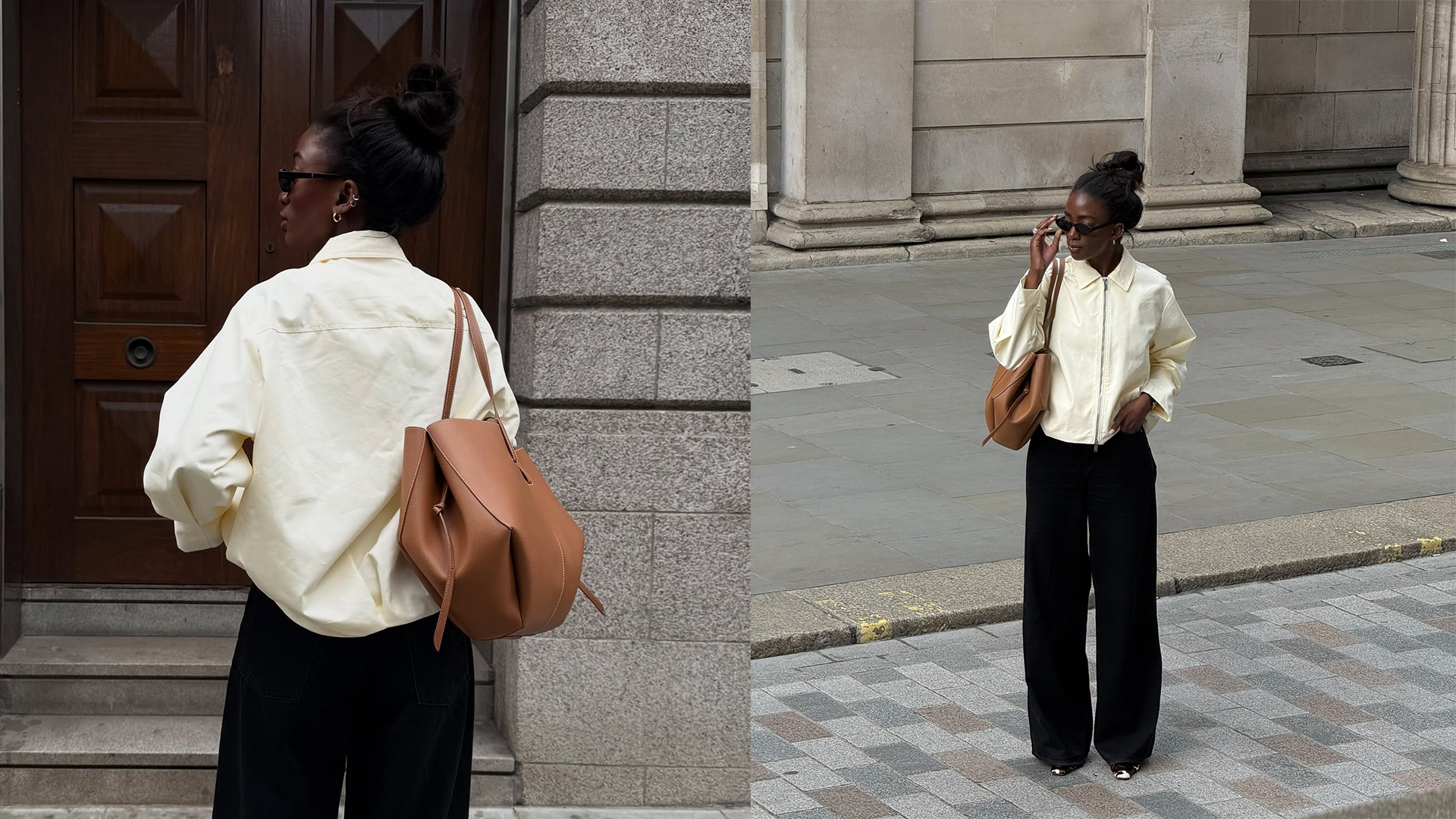 Liv wears white jacket, black pants, and oversize brown leather tote.