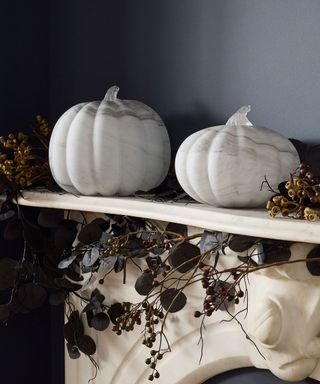 Close up of pumpkins on mantel