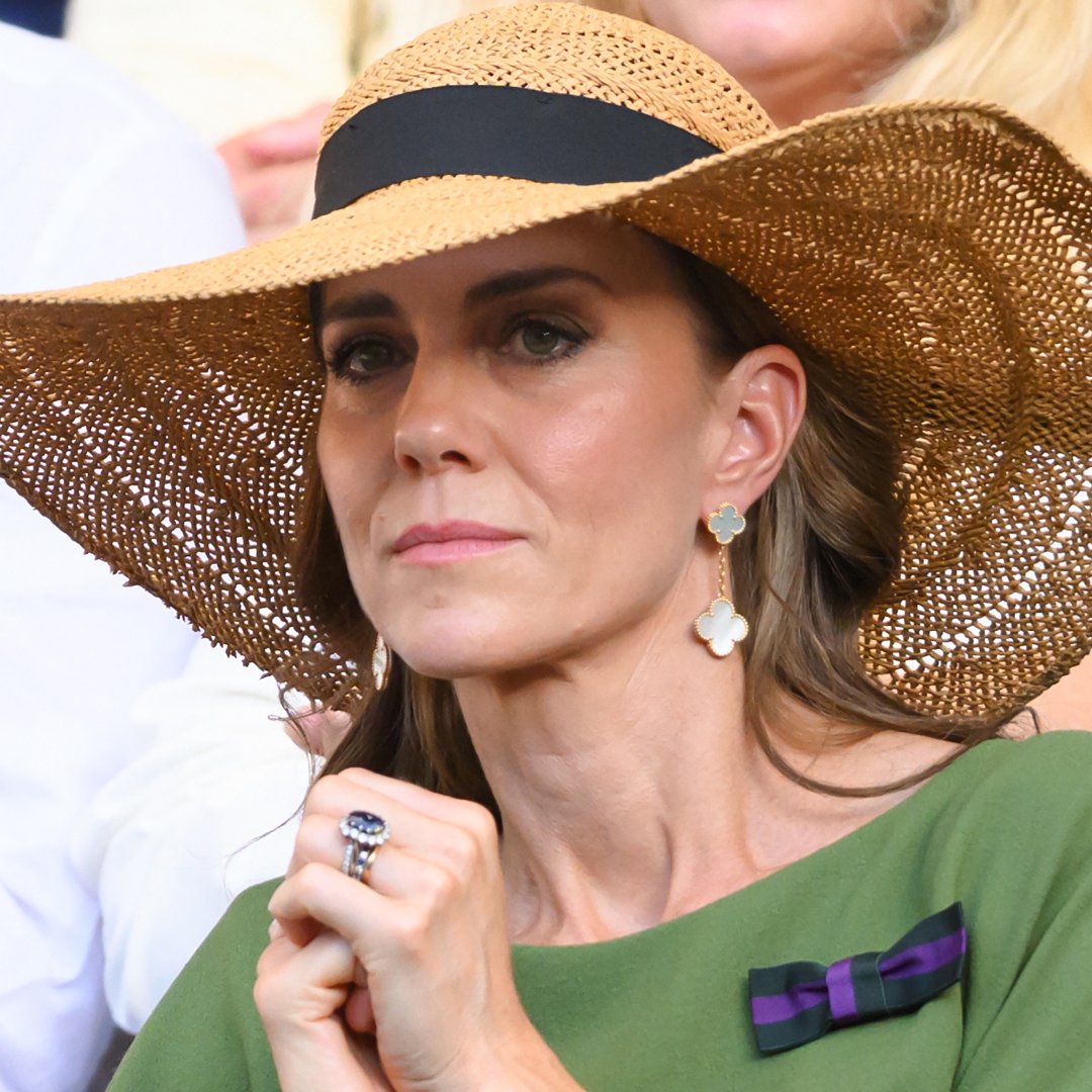 Kate Middleton wears a giant straw hat and a green dress to attend Wimbledon in July 2026