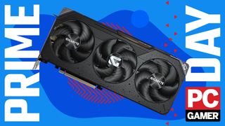 An image of a Gigabyte Radeon RX 9070 graphics card against a stylized blue background, with Prime Day and a PC Gamer logo on the sides