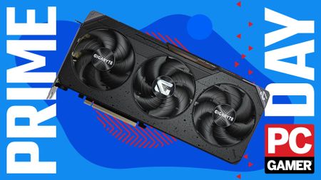 An image of a Gigabyte Radeon RX 9070 graphics card against a stylized blue background, with Prime Day and a PC Gamer logo on the sides