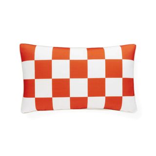 A red and white check outdoor cushion