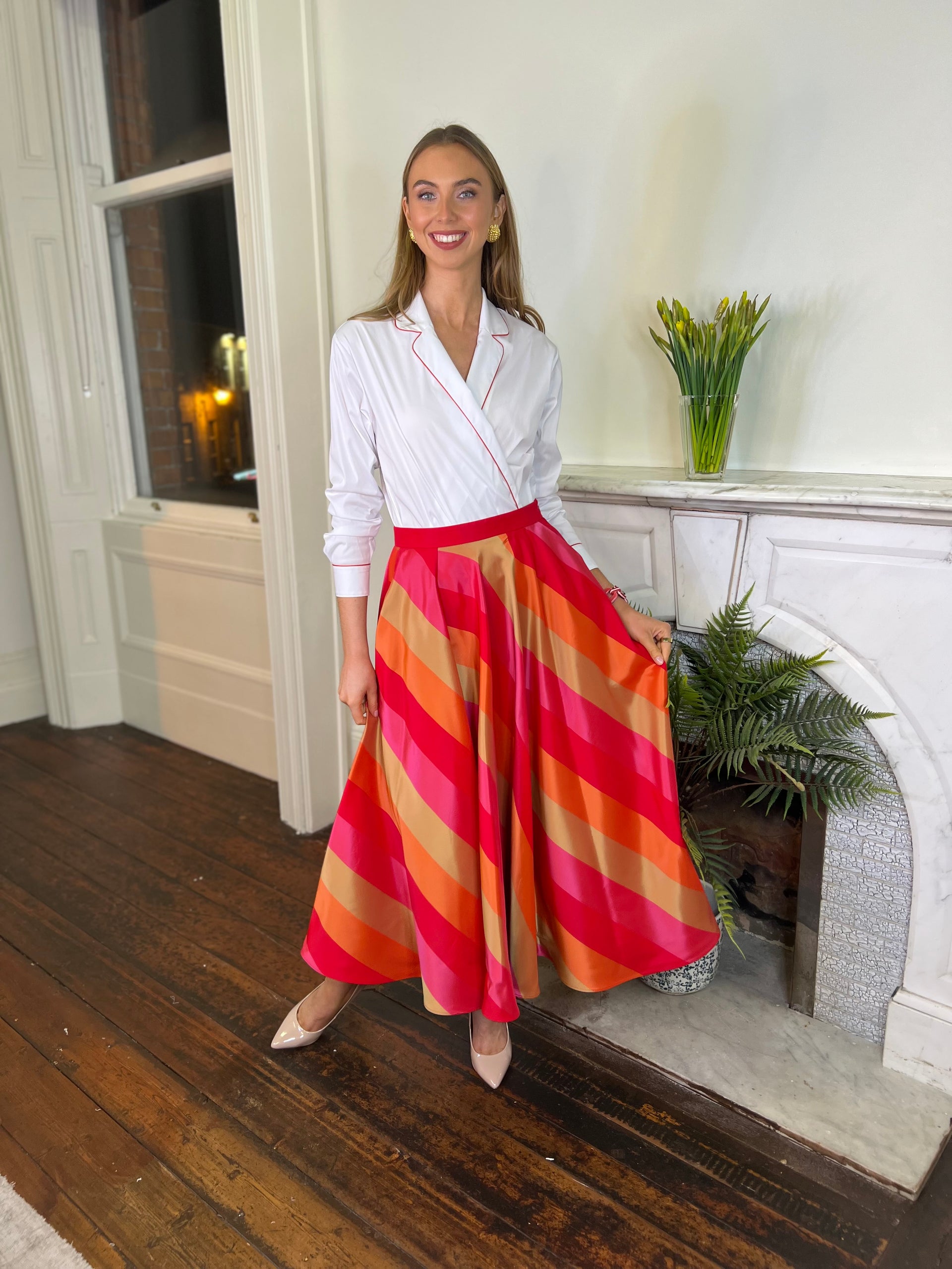 Sara Roka Two Piece Striped Full Skirt With Matching White Shirt With Piping Detail
