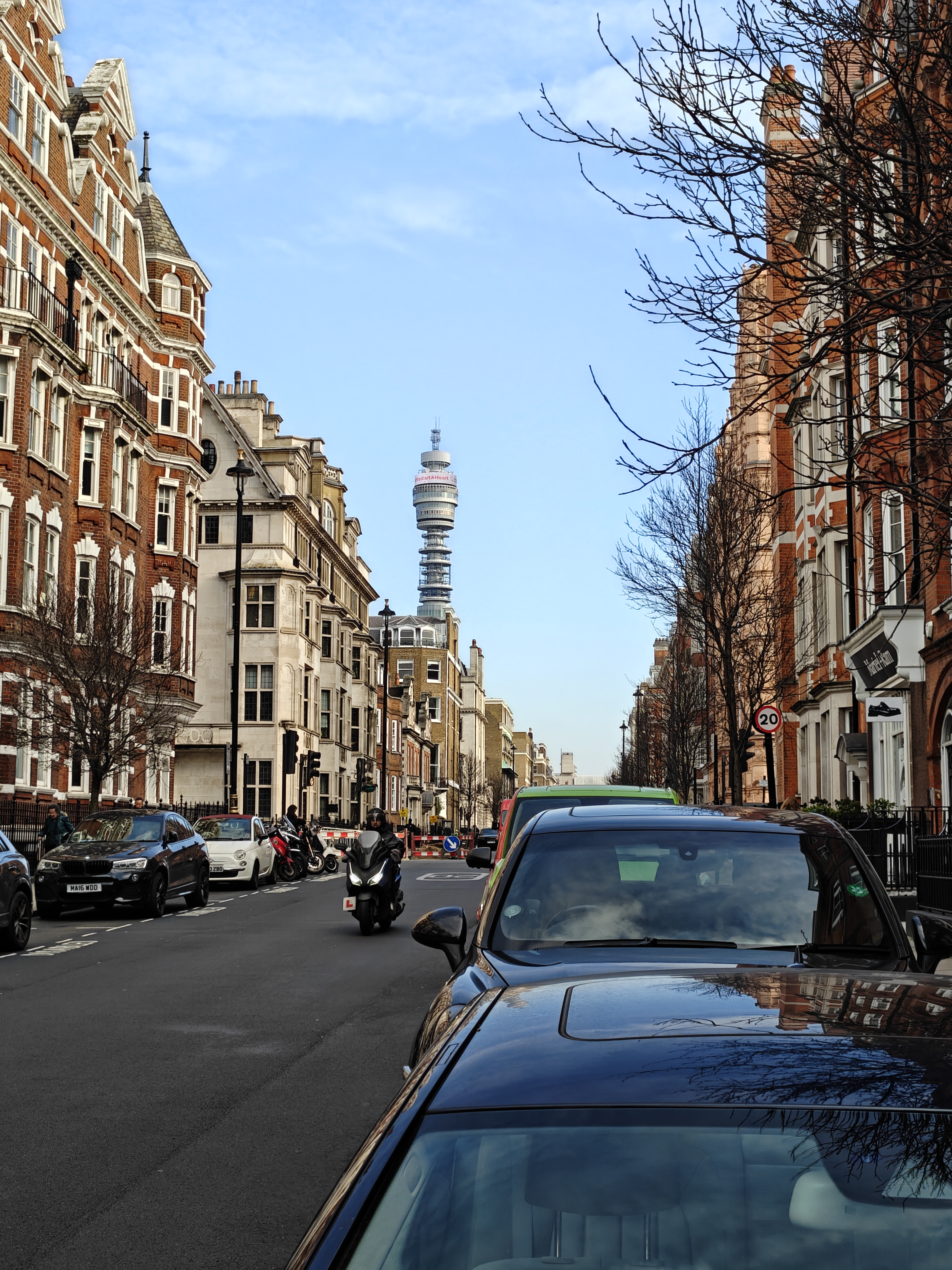 A street in London with the BT tower in the distance