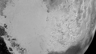 Sputnik Planum is the informal name of the smooth, light-bulb shaped region on the left of this composite of several of NASA New Horizons images of Pluto.